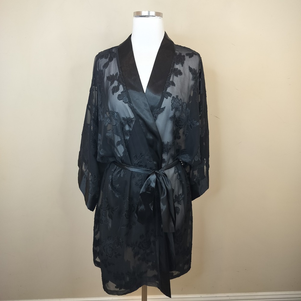 California Dynasty Vintage Floral Satin Robe 2X Plus Sheer Black Tie Waist